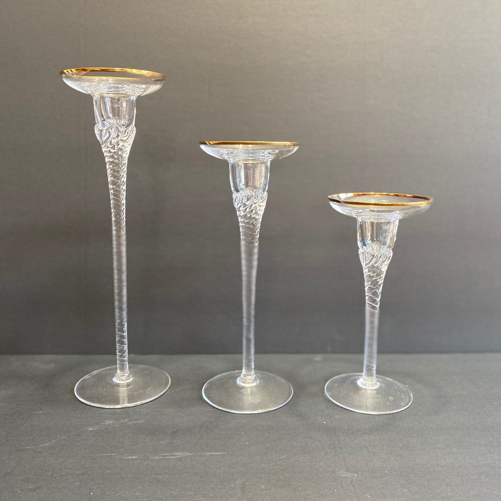 Crystal With Gold Trim Tri-Level Candle Holders For Romantic Table Scape